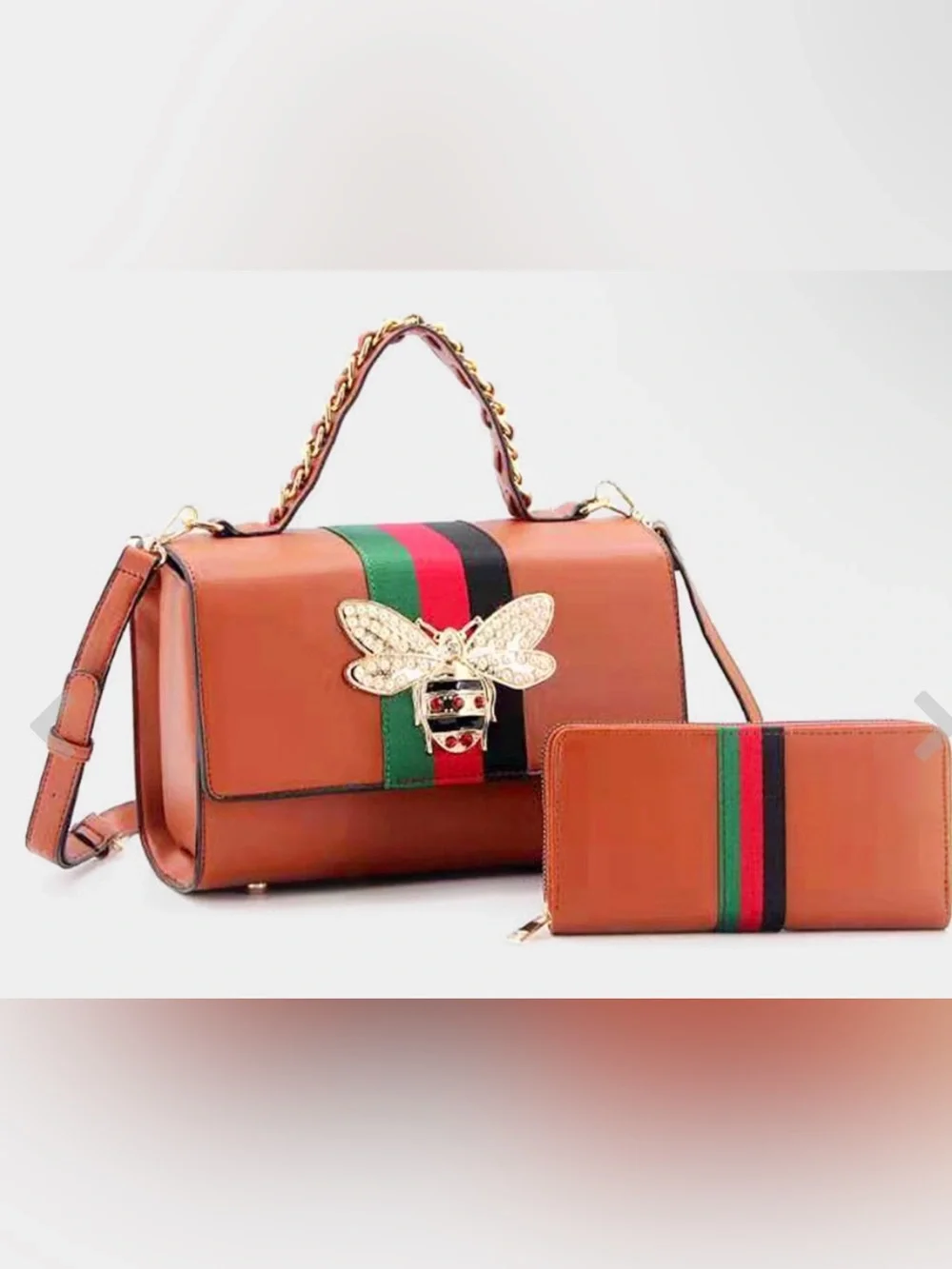 Snake-Embossed Top Handle Bag & Wallet Set with Green-Red Stripe
